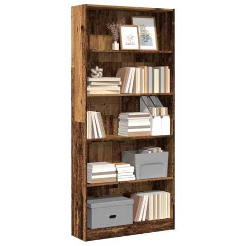 GeenYuu Librería con aspecto de madera envejecida, 80 x 24 x 176 cm, material de madera, estantería de pie con compartimentos abiertos, almacenamiento versátil para libros, DVD, decoración en el salón
