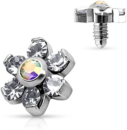 TheMaddHatter (1 Piece) Flower Dermal top with Prong CZ Gems 316l Surgical Steel, Nickle Free 14g (1.6mm) (Iridescent cz Center)