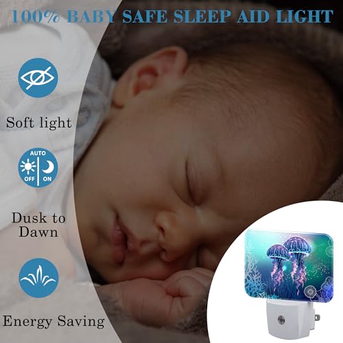 Image of Glowing Jellyfish in Deep Sea Night Light for Kids Girls Boys, Jellyfish LED Night Light Plug into Wall with Dusk to Dawn Sensor for Room, Hallway, Kitchen, Bathroom, Stairs Decor