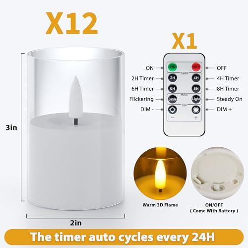 Image of 12Pack Flameless LED Candles, Remote & Timer, Battery Powered, Clear, 2 inchx3 inch | Small Pillar & Votive Candle with Realistic Flickering Warm Glow for Centerpieces, Wedding Tables, Holiday, and Home Decor