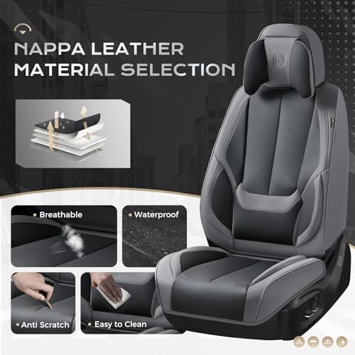 Image of Coverado Seat Covers, Car Seat Covers Front Seats, Car Seat Cover, Car Seat Protector Waterproof, Seat Cushion Nappa Leather with Head Pillow, Carseat Cover Universal Fit for Most Cars (Gray&Black)