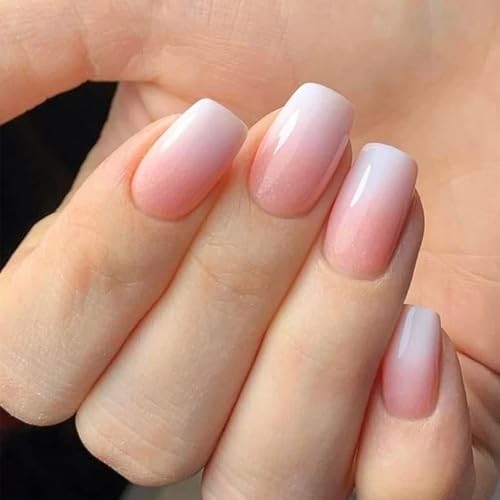 Modelones Pink Ombre Press on Nails, Spring Short Square Fake Nails, Reusable Nail Kit with Nail Glue Adhesive Tabs Mini Nail File, Nails Press Ons 32Pcs 16 Sizes, Women Girl Gift