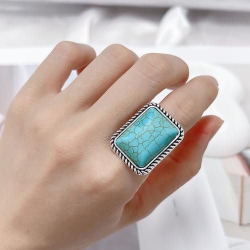 Boho Turquoise Square Ring for Women Antique Silver Open Adjustable Vintage Stackable Midi Joint Finger Ring Wedding Party American Western Jewelry Birthday Graduation Gift Comfort Fit3