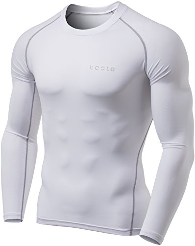 TSLA Men's Thermal Long Sleeve Compression Shirts, Athletic Base Layer Top, Winter Gear Running T-Shirt, Thermal Athletic White, X-Large