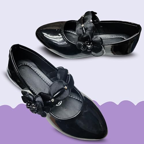 Image of Girls' Patent Mary Jane Shoes with Floral Embellishment, Attractive Colour's, Pearl Flower Welcro Bellies |DMND-3|