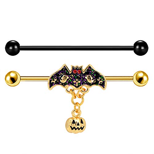 Jewseen 2PCS 14G 316L Stainless Steel Halloween Day Industrial Piercing Bars Gold Bat Industrial Barbell Industrial Barbell