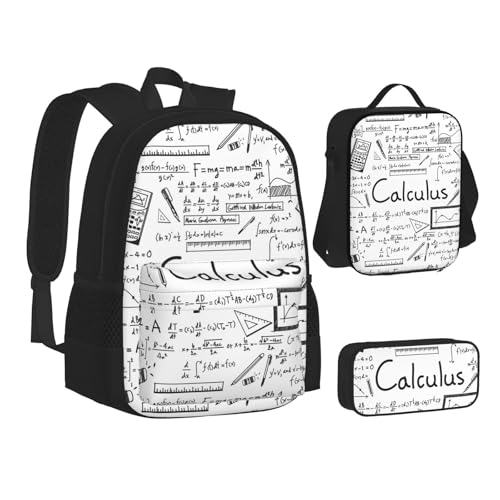 Sac à dos géométrique mathématique 3 en 1 en toile avec sac repas et trousse Noir