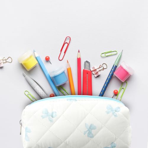 Image of Sherr Coquette Bow Pencil Case Blue Bow Cute Pencil Pouch Soft Cotton Storage Bag Aesthetic Pattern Gift Makeup Pouch Cosmetic Bag for Women Adults