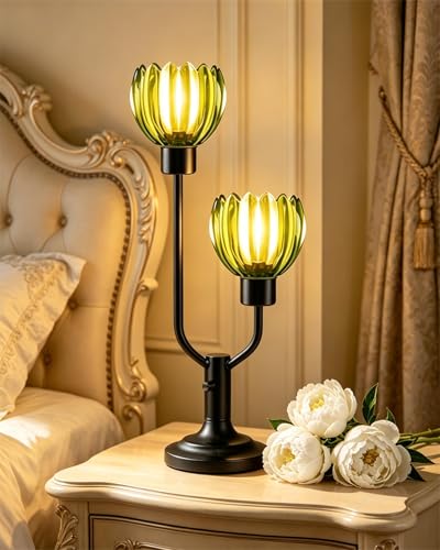 Image of Lightdot Vintage Green Flower Table Lamp Bulbs Included Dimmable Glass Lamp | Nightstand Lamp Mid Century Modern Black Desk Lamp Warmwhite Ambient Bedside Lamp for Living Room Bedroom Home Decor Gift