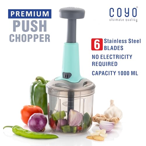 Image of Vegetable Chopper for Kitchen | Hand Chopper for Kitchen use Veg Cutter | Push Chopper 1000ml Capacity | 5 Sharp Stainlee Steel Blades (Color as per Availability)