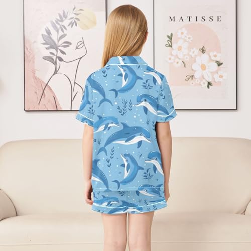 ALAZA Cute Dolphin Coral Reef Blue Pajamas Satin Pajama Set Short Sleeve Button Down Sleepwear4