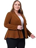 Agnes Orinda Women's Plus Size Blazer Notch Panel Work Business Casual Outfits Dressy Suit Jacket Peplum Blazers 2X Brown