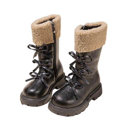 Riding Boots Girls Winter Fur Lined High Tall Boots with Bowknots Warm Sherpa Lined Lug Sole Leather Combat Boot