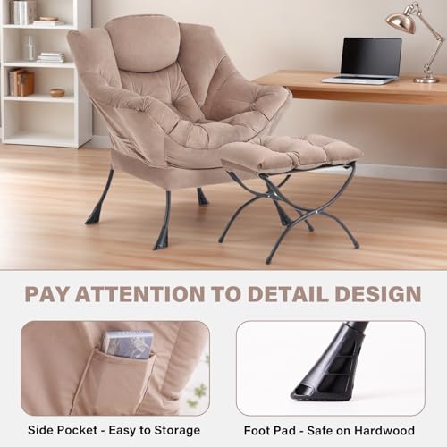 Image of Tiita Lazy Chair with Ottoman, Khaki Modern Large Accent Chair, Comfy Leisure Sofa Armchair with Ottoman, Reading Chair with Footrest for Bedroom, Living Room, Dorm Rooms, Velvet Khaki