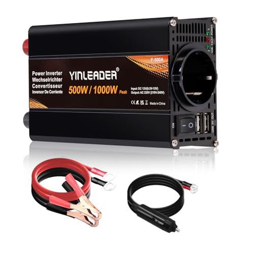 Yinleader Wechselrichter 500W DC 12V auf 230V AC und 1 EU Steckdose 2 USB KFZ-Spannungswandler