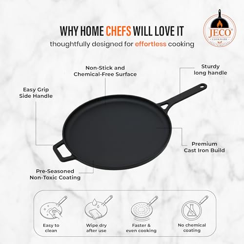 Image of Cast Iron Dosa Tawa with Long Handle | Pre-Seasoned Non-Stick Iron Tawa for Dosa /Chilla /Roti | Heavy Duty Non-Toxic Cookware | Gas Stove & Induction Compatible | Black, 30cm, 2kg