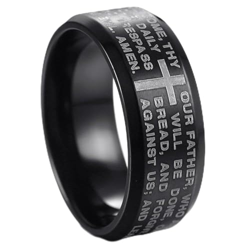 Stainless Steel Christian The Lord's Prayer Ring, Matthew 6:9-13 (Black,