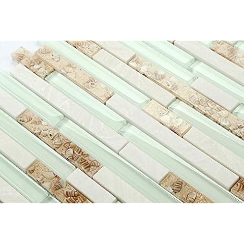 Hominter Sea Green Glass Coastal Kitchen Backsplash Beach House Style Bathroom White Stone & Resin Conch Tile (Box of 5 Sheets) Cover