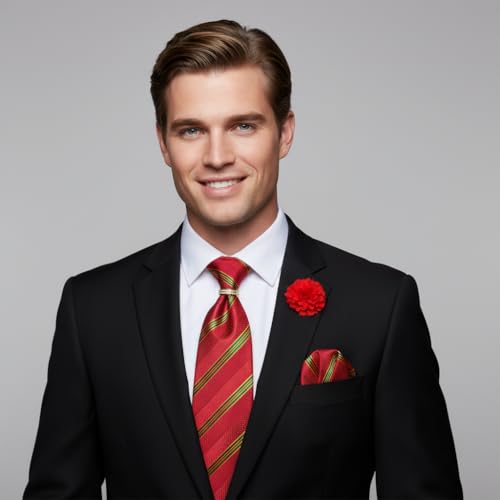 Image of 5PCS Mens Premium Silk Tie, Pocket Square, Cufflinks, Drilled Tie Ring and Lapel Pin Set for Wedding Groom Party