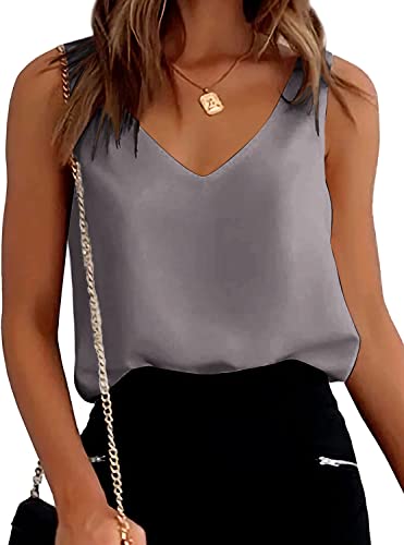 Image of Satin Tank Tops for Women Loose Fit Sleeveless V Neck Cami Camisole Blouses Shirt Top