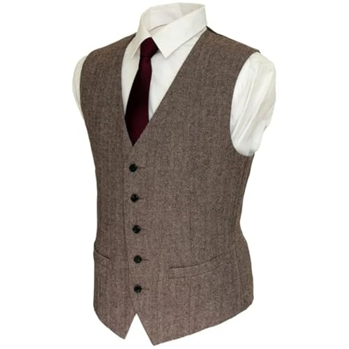 Men's Wool Tweed Herringbone Pattern Formal Pockets Slim Regular Fit Retro Business Weddi Vests3
