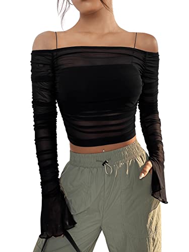 GORGLITTER Damen Bauchfrei Oberteile Transparentes Langarmshirt...