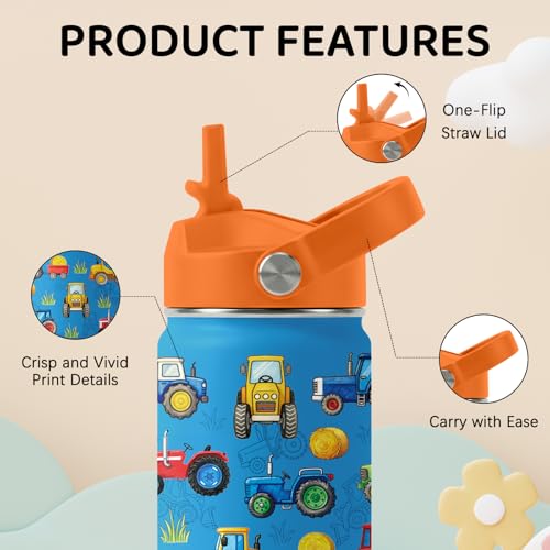 Image of Tractor Water Bottle for Son & Daughter, Stainless Steel Insulated Tumbler with Straw Lid and Handle, 12oz Reusable Leak-Proof Bottle for Sports
