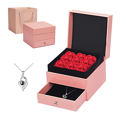 Oryidr Rosa Eterna Preserved with Love Necklace Gift Jewelry Box 100 Idiomas Regalos Románticos Kit,San Valentín, Navidad, Día de la Madre (rosado) Cover