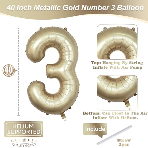 Image of Large Light Gold 3 Balloons, 40 Inch Metallic Champagne Gold Helium Mylar Foil Globos Numero for Boys Girls, Self Inflating 3rd Birthday Balloon for Women Men Anniversary Party Decorations Supplies