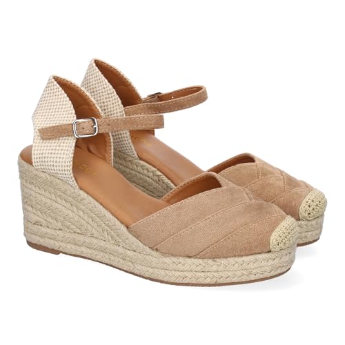 shoes&blues.es 91794 Sandalia de Cuna de Yute para Mujer, Comodo y Elegante, Diseno Moderno con Detalles de Costura en la Pala y Cierre de Hebilla, Ideales para Primavera-Verano. Taupe Talla 39