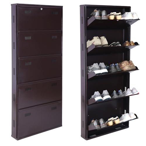 Image of Metal Shoe Rack Wall Mounted for Home with Central Locking |5 Door 28 inch Wall Mounted Metal 15 Pair Shoe Rack Cabinet | Pre-Assembled Rack Shelves | 3 Year Warranty (Brown)