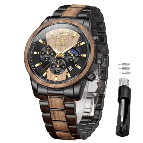 Image of OLEVS Men Watch Wooden Accent Band Multi Function Dial Luminous Waterproof Casual Luxury Business Watch