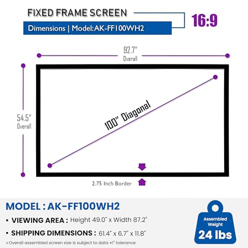 Image of Akia Screens 100 Inch Fixed Frame Projector Screen, 16:9, 8K / 4K Ultra HD Projector & 3D Ready, Wall Mount CINEWHITE UHD-B Indoor Projection Screen for Home Theater, Cinema AK-FF100WH2