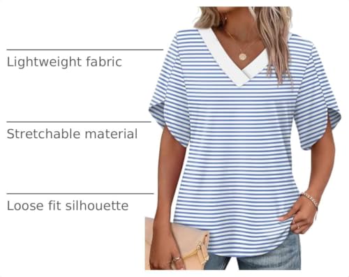Image of WIHOLL Womens Summer Tops Short Petal Sleeve Shirts Fashion V Neck Womens Clothing