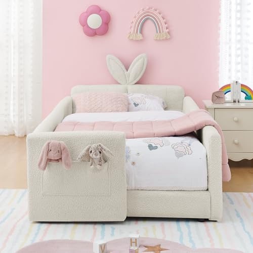 Image of KEIKI Twin Size Upholstered Platform Bed Frame with Guardrail, Slats, Beige | Boucle Platform Bed with Cute Rabbit Ear Shaped Headboard, Pocket, for Boys and Girls, No Box Spring Required, Easy Assembly