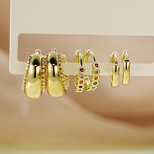 Image of 4Pairs Statement Gold Hoop Earrings for Women Trendy,Surgical Steel Gold Plated Hoop Hypoallergenic Earrings Set,Titanium Hoops Earring Stacks,CZ Cartilage Huggie Hoops Earring Gifts for Girlfriend