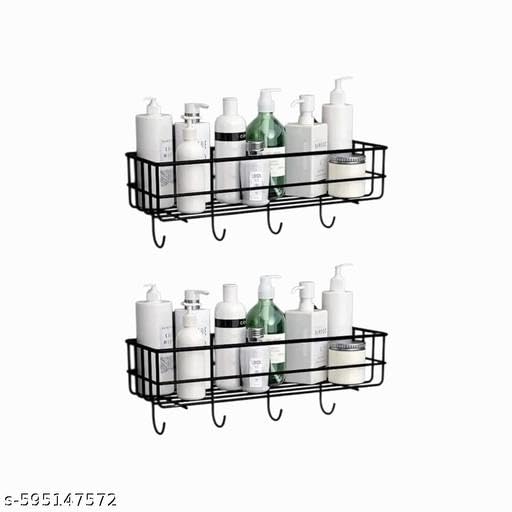 (Pack of 2) Steel Self-Adhesive Multipurpose Bathroom Shelf with Hooks/Towel Holder/Rack/Bathroom Accessories - Wall Mount - Pack of 2 (Black,Powder Coated)|BHR-P2440 1