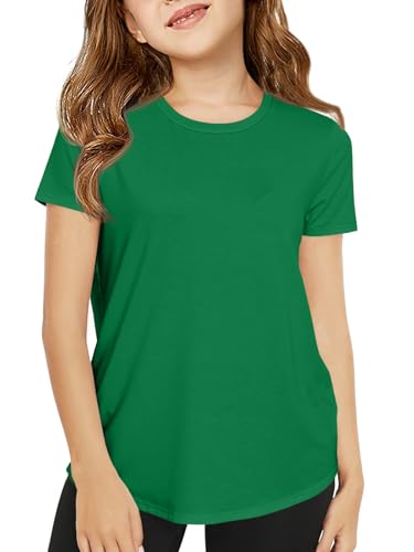 Haloumoning Girls Short Sleeve T Shirts Kids Summer Crewneck Tops Curved Hem Tees 5-14 Years