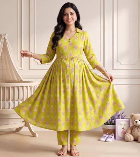 Image of DUMMY SHAPE Maternity Dresses for Women Cotton | Floral Kurta Pant Dupatta Set with Nursing Zippers, Side Pocket | Pre & Post Pregnancy | Feeding Kurti Suit | Baby Shower | Gifts for Pregnant Woman