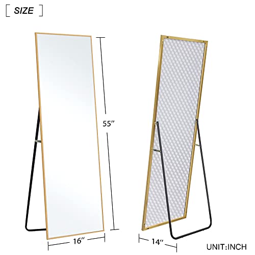 Image of NeuType 55 inchx16 inch Full Length Mirror with Standing Holder Aluminum Alloy Frame Floor Mirror Wall-Mounted Mirror for Living Room, Bedroom, Hanging or Leaning Against Wall, Golden (with Stand)