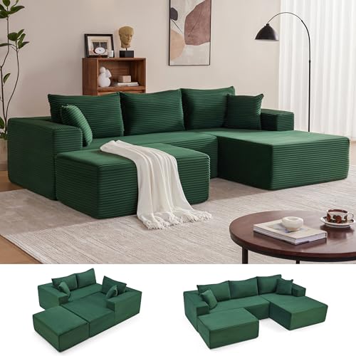 Image of Mangodan 110 inch Cloud Sectional Couch, Boneless Sofa for Living Room, Modular Sectional Sofa with Deep Seat, Comfy Fluffy U-Shaped Couch with Right-Facing Chaise, No Assembly Required, Green