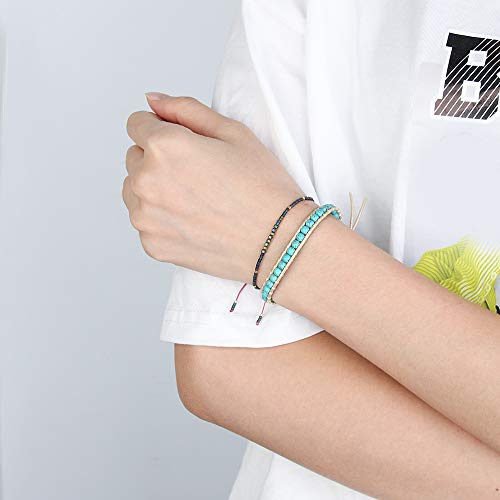 Image of C.QUAN CHI Turquoise Bracelets Handmade Woven Friendship Bracelets White Leather Adjustable Wrap Bracelets