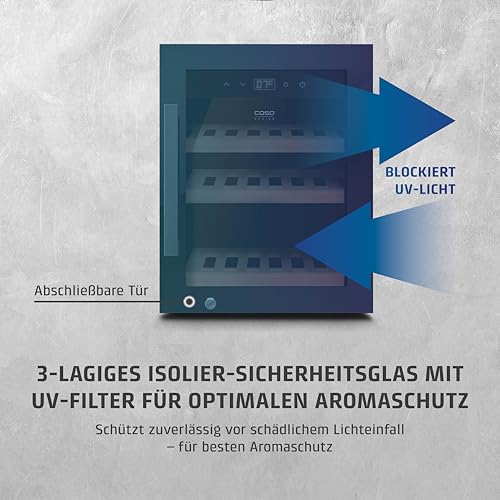 Caso WineExclusive 12 Weinkühlschrank für 12 Flaschen, 1 Zone, 5–20 °C, Kompressor, UV-Glas, Touch-Bedienung, leise, LED, Holzregale, abschließbar, Lüfter, Glasfront, Innenbeleuchtung