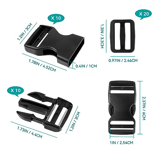 Tenalleys 10 Set 1 inch Buckles for Straps with 20 pcs Tri-glide Slide Clip, Quick Side Release Plastic Buckle Clip, Fit 1 inch Wide Nylon Webbing Canvas Strap (Black)