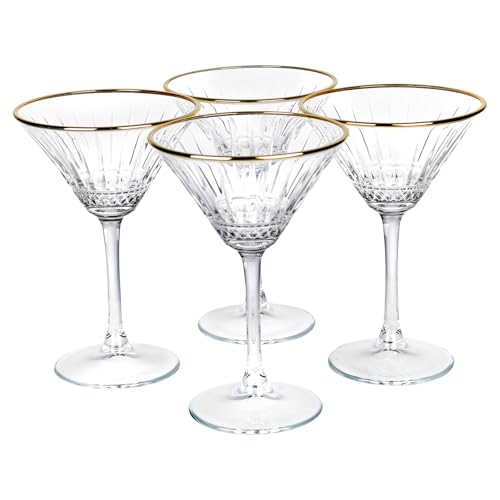 Queensway Home & Dining Long Stemmed Martini Cocktail Glasses, 220ml with Delicate Gold Rim, Elegant Clear Glass for All Occasions, Gift-Boxed, Set of 4