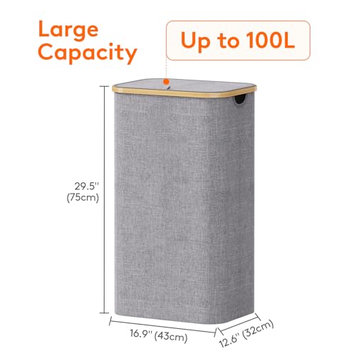 Lifewit 100L Laundry Basket with Lid, Clothes Hampers for Laundry with Bamboo Handles and 1 Removable Bag, Large Foldable Laundry Hamper for Bedroom, Bathroom, Dorm, Laundry Room, Light Gray by Lifewit - Image 4