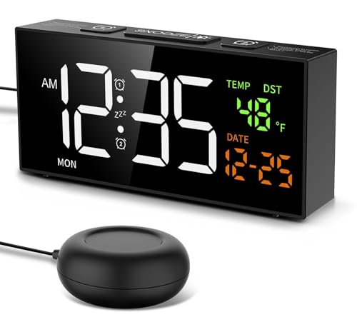 Netzu Vibrating Alarm Clock for Heavy Sleepers, Digital Alarm Clock with Bed Shaker, Temperature Date and Weekday, Manual DST, Snooze, 2 Alarms Bedside Plug-in Clock (Black)