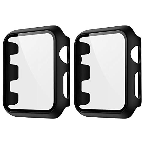 HANKN 2 Pack Matte Case Compatible with Apple Watch Series 3 2 1 Tempered Glass Screen Protector, Full Coverage Hard Pc Shockproof Iwatch Cover Bumper (Black/Black, 42mm) Cover