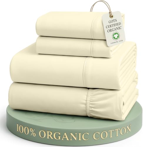 Image of LANE LINEN Queen Cotton Sheet Set 100% Organic Cotton GOTS Certified Percale Weave Deep Pocket 4 Piece Soft Breathable Cooling Lightweight All Season Machine Washable Crisp - Vanilla