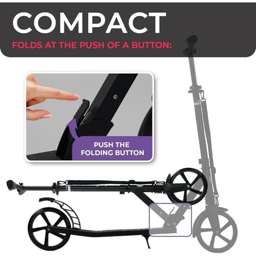 Image of LaScoota Kick Scooter for Kids Ages 6+, Teens & Adults, Large 8 inch Sturdy Urethane Wheels. Adjustable Handlebar, Lightweight, Foldable, 220lbs Max Load